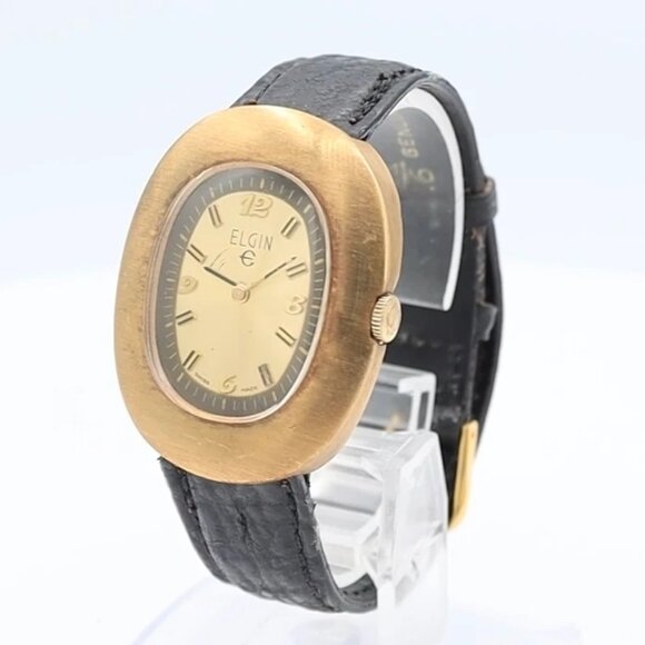 Vintage Elgin Egg Gold Sunburst Men's Mechanical Wristwatch 977 Swiss Gold Tone - Picture 1 of 5